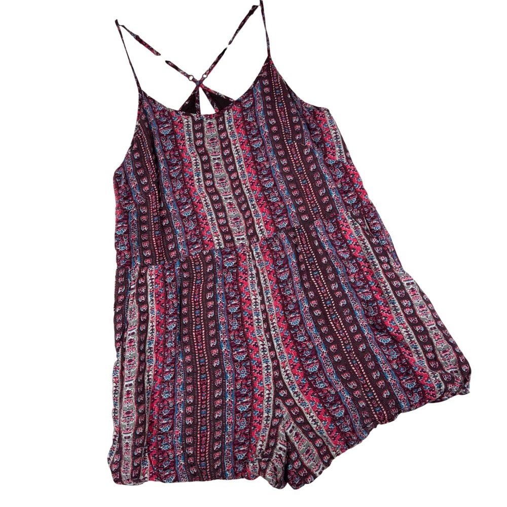 Free People Romper Womens S Burgundy Tribal Print Strappy Back Boho Festival Exc
